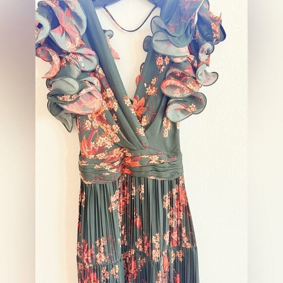 Johanna Ortiz Renaissance Forest Green Floral Print Ruffle Silk Maxi Gown 2 - Picture 7 of 15